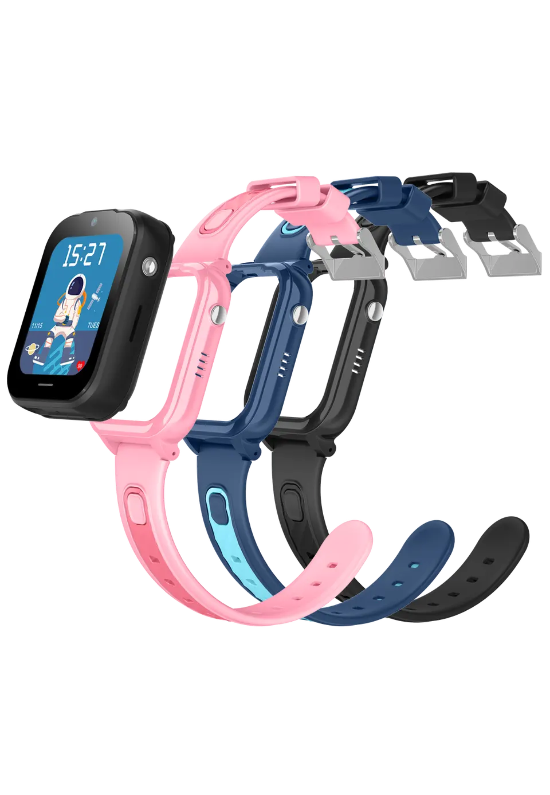 Eine Smartwatch mit schwarzem Zifferblatt und vier verschiedenfarbigen Armbändern: rosa, blau, marineblau, schwarz.