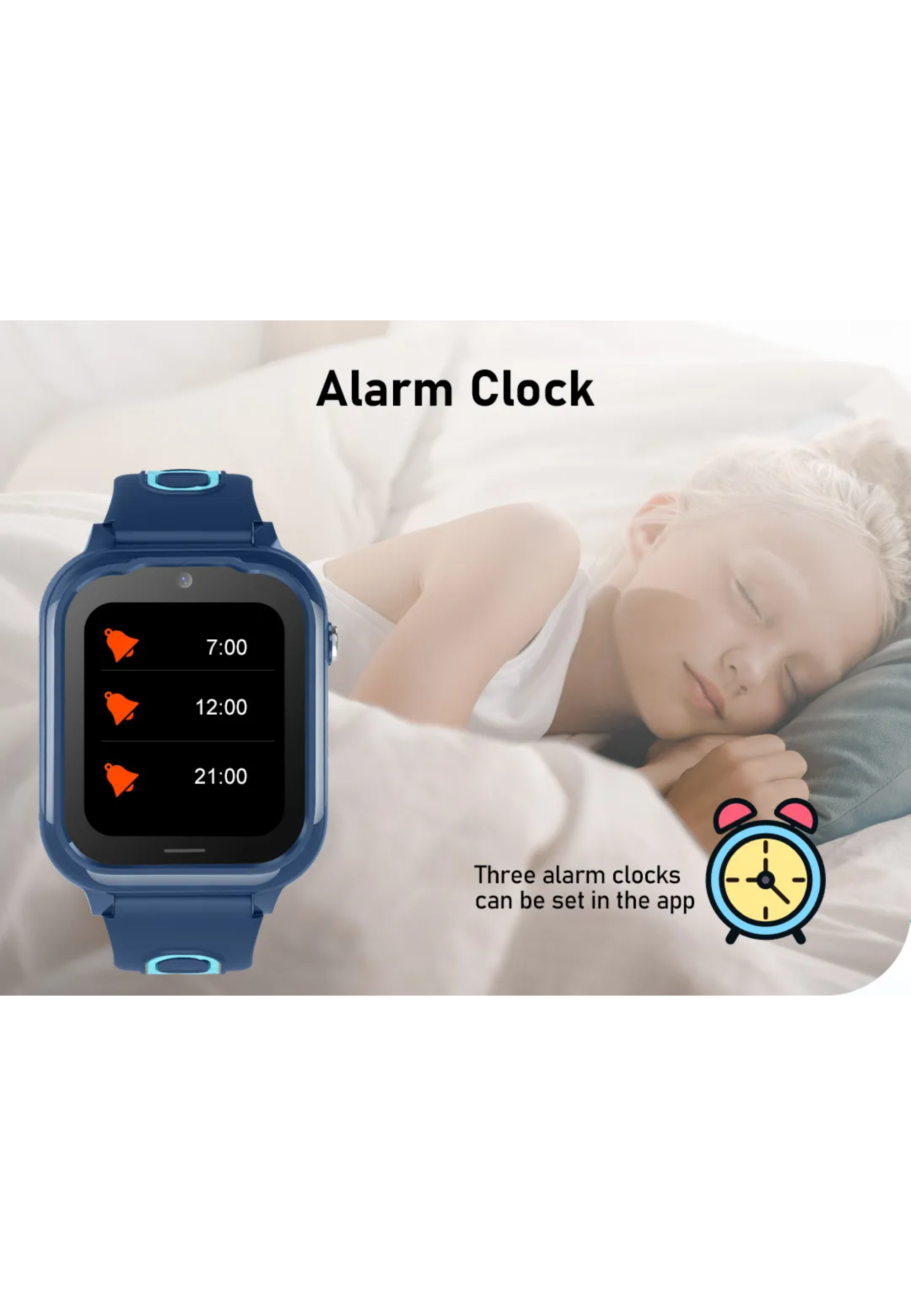 Smartwatch mit Weckereinstellungen. Eine Person schläft im Hintergrund.