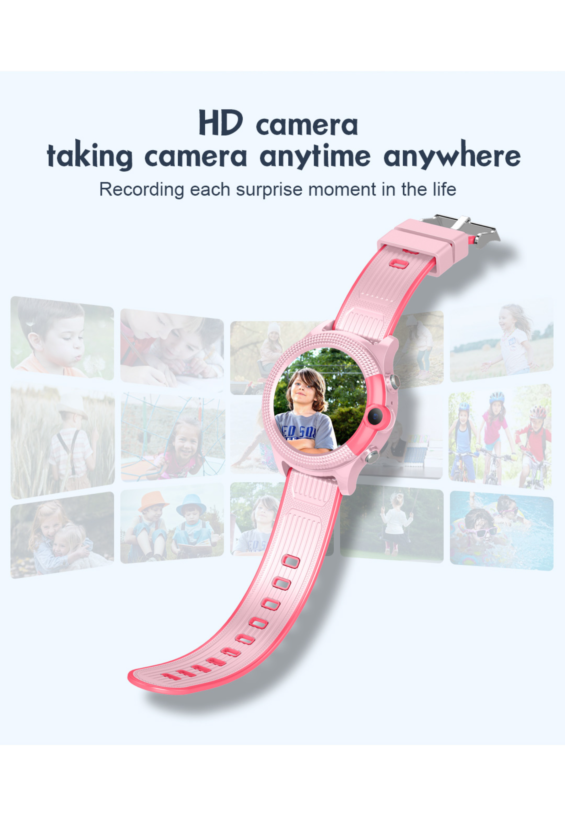Eine rosa Smartwatch mit dem Gesicht eines Kindes auf dem Bildschirm wird mit Illustrationen von Kindern gezeigt.