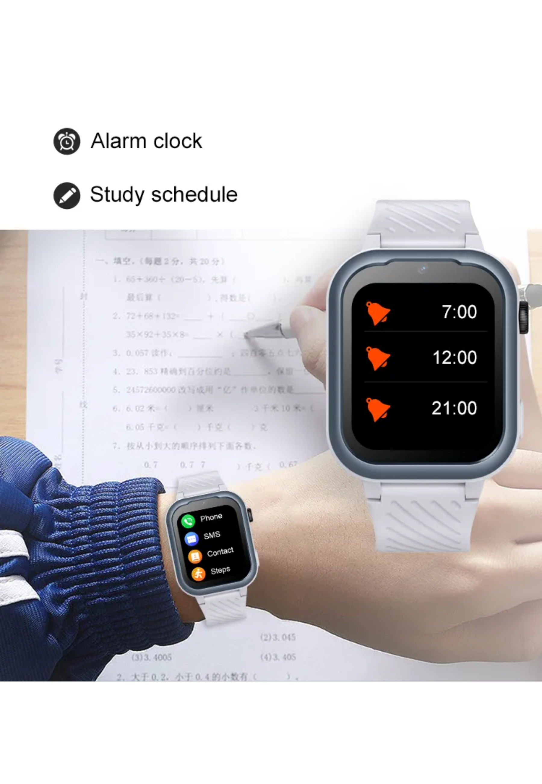 Eine Smartwatch zeigt drei Weckzeiten an. Der Hintergrund zeigt eine Hand, die auf Papier mit chinesischen Schriftzeichen schreibt.