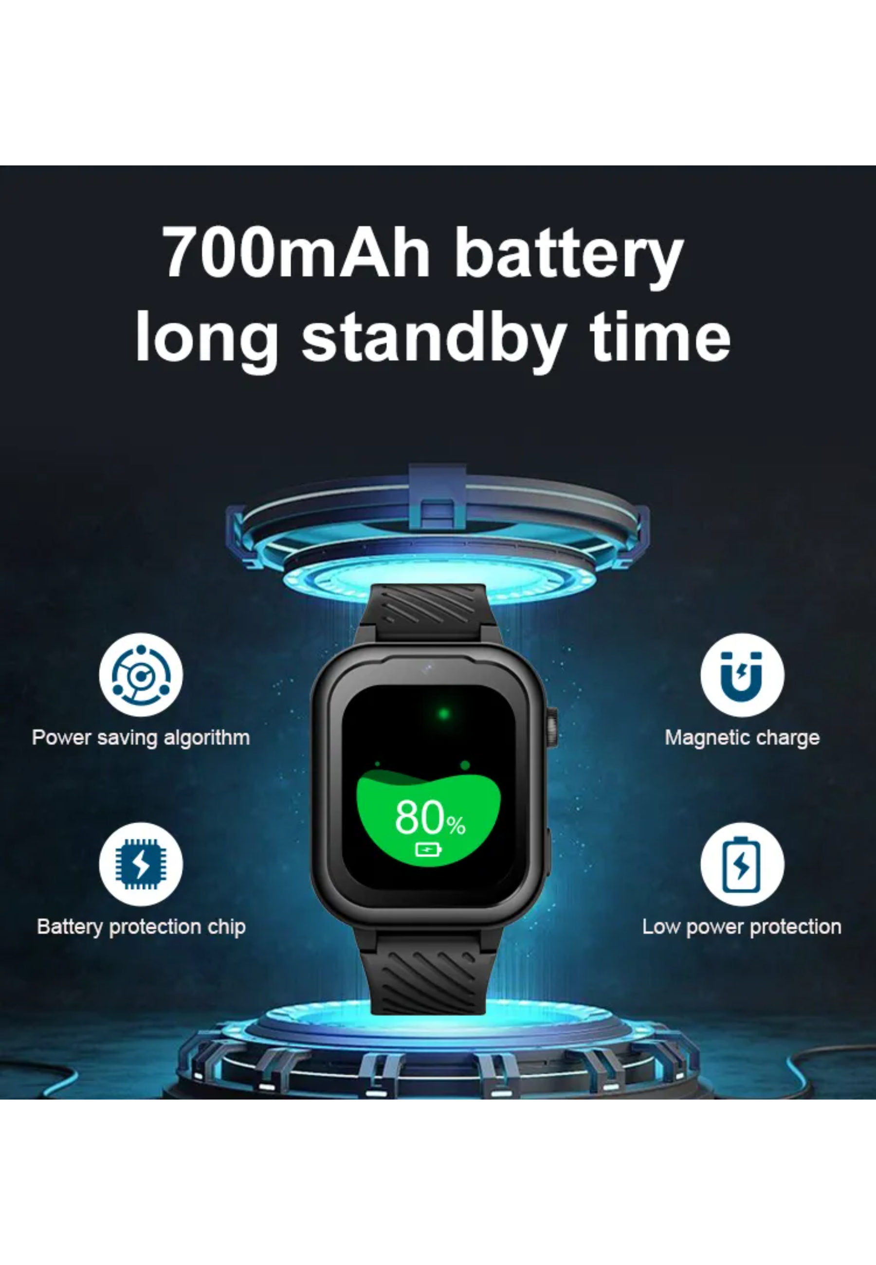 Eine schwarze Smartwatch mit 80% Akkuanzeige, Symbolen und dem Text '700mAh Akku'.