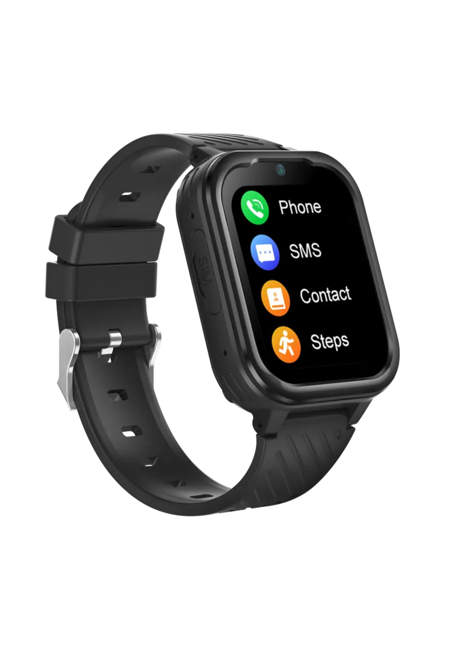 Smartwatch mit Telefon-, SMS-, Kontakt- und Schritt-Symbolen, schwarzes Armband.
