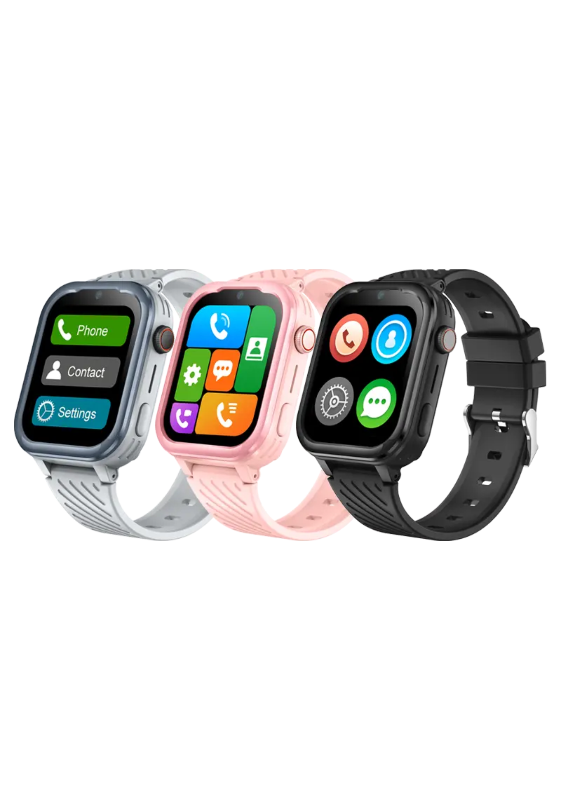 Drei Smartwatches in Weiß, Rosa und Schwarz, jeweils mit Touchscreen und schwarzem Armband.