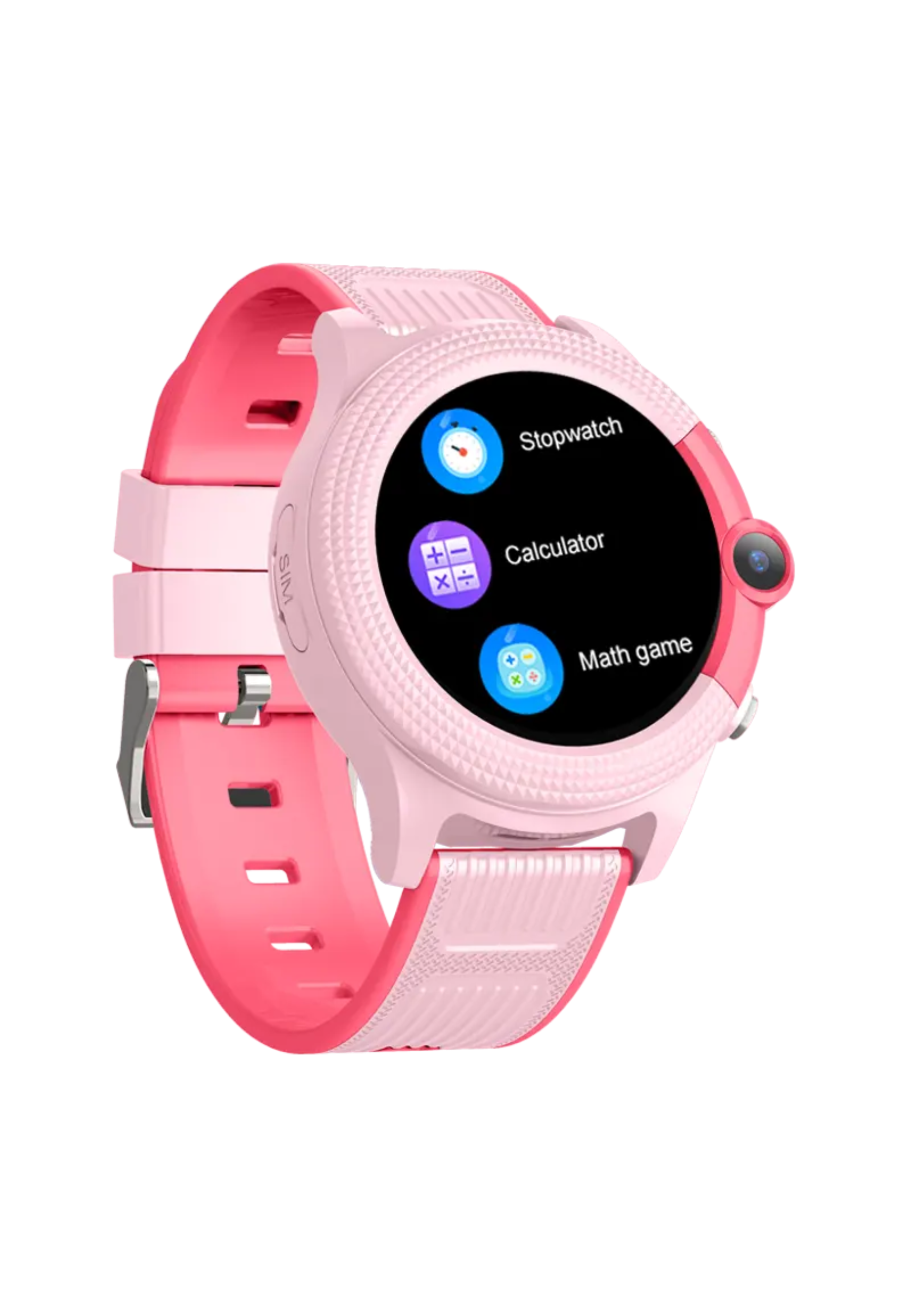 Rosa Smartwatch mit rosa und roten Armbändern. Es hat eine Stoppuhr, einen Rechner und ein Mathespiel auf dem Bildschirm.