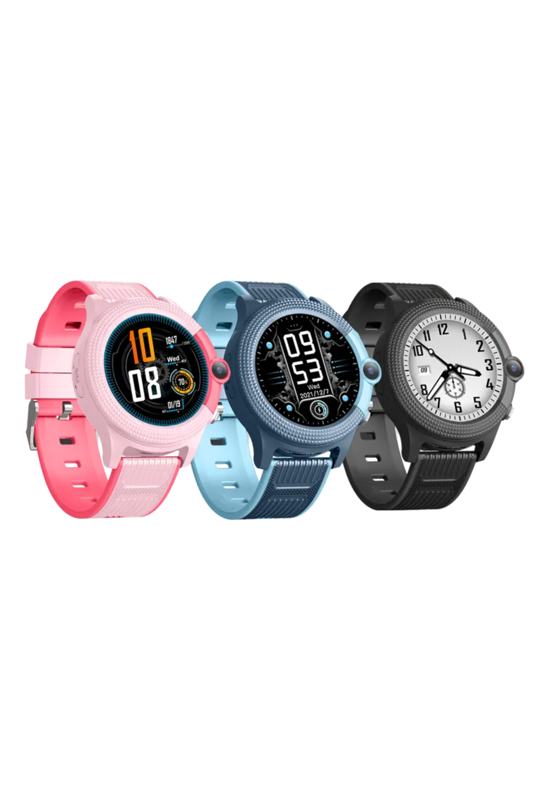 Drei Smartwatches: rosa, blau und schwarz, vor schwarzem Hintergrund. Jede zeigt die Zeit an.