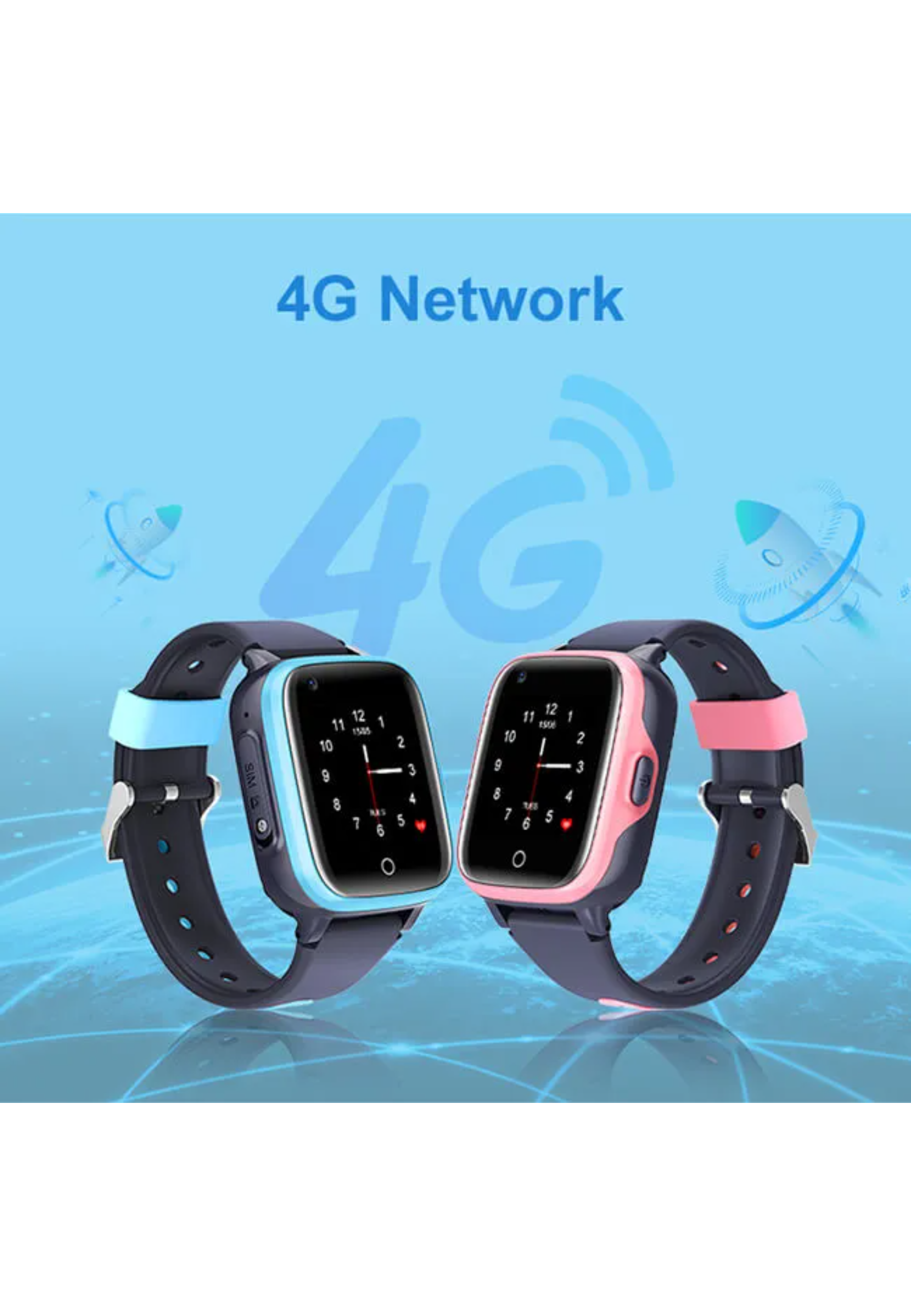 Zwei Smartwatches, blau und rosa, mit 4G-Netzwerkdetails, vor blauem Hintergrund.