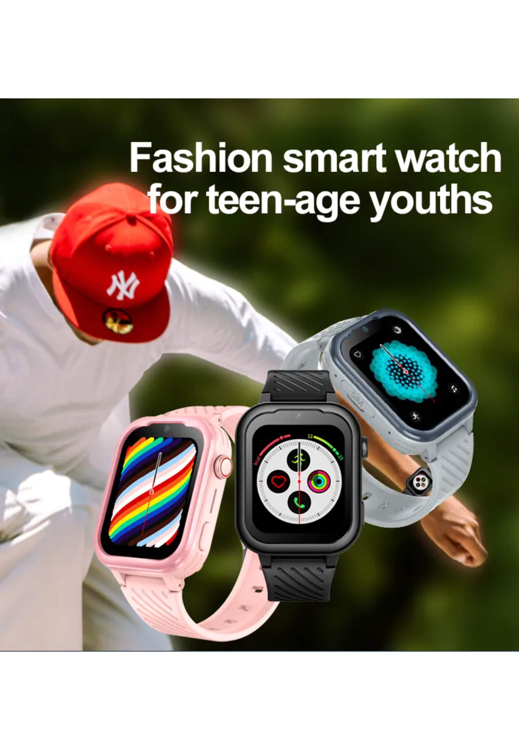 Drei Smartwatches, eine rosa, eine schwarze und eine graue, mit einer Person, die eine rote Mütze trägt.