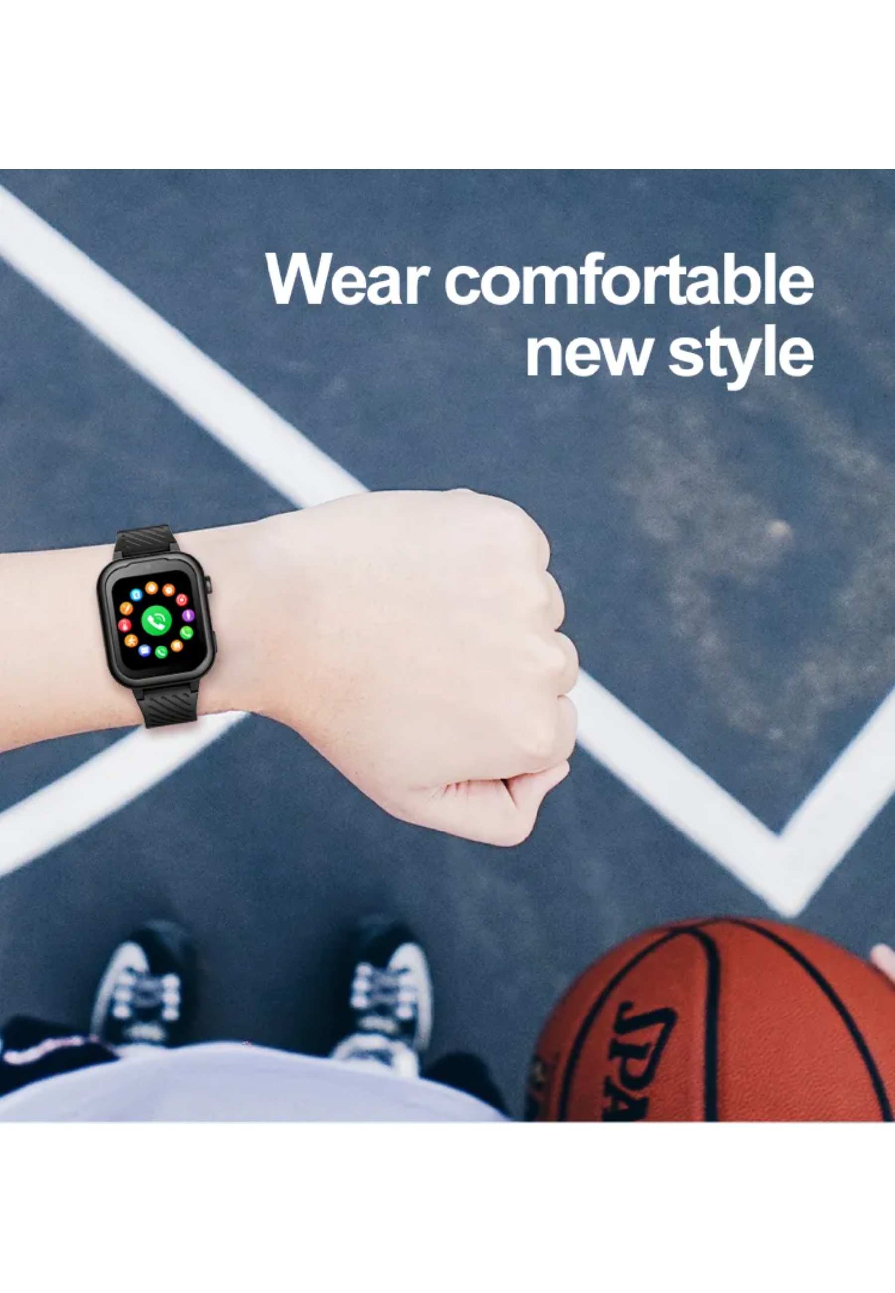 Person trägt Smartwatch mit App-Symbolen. Basketball liegt davor.