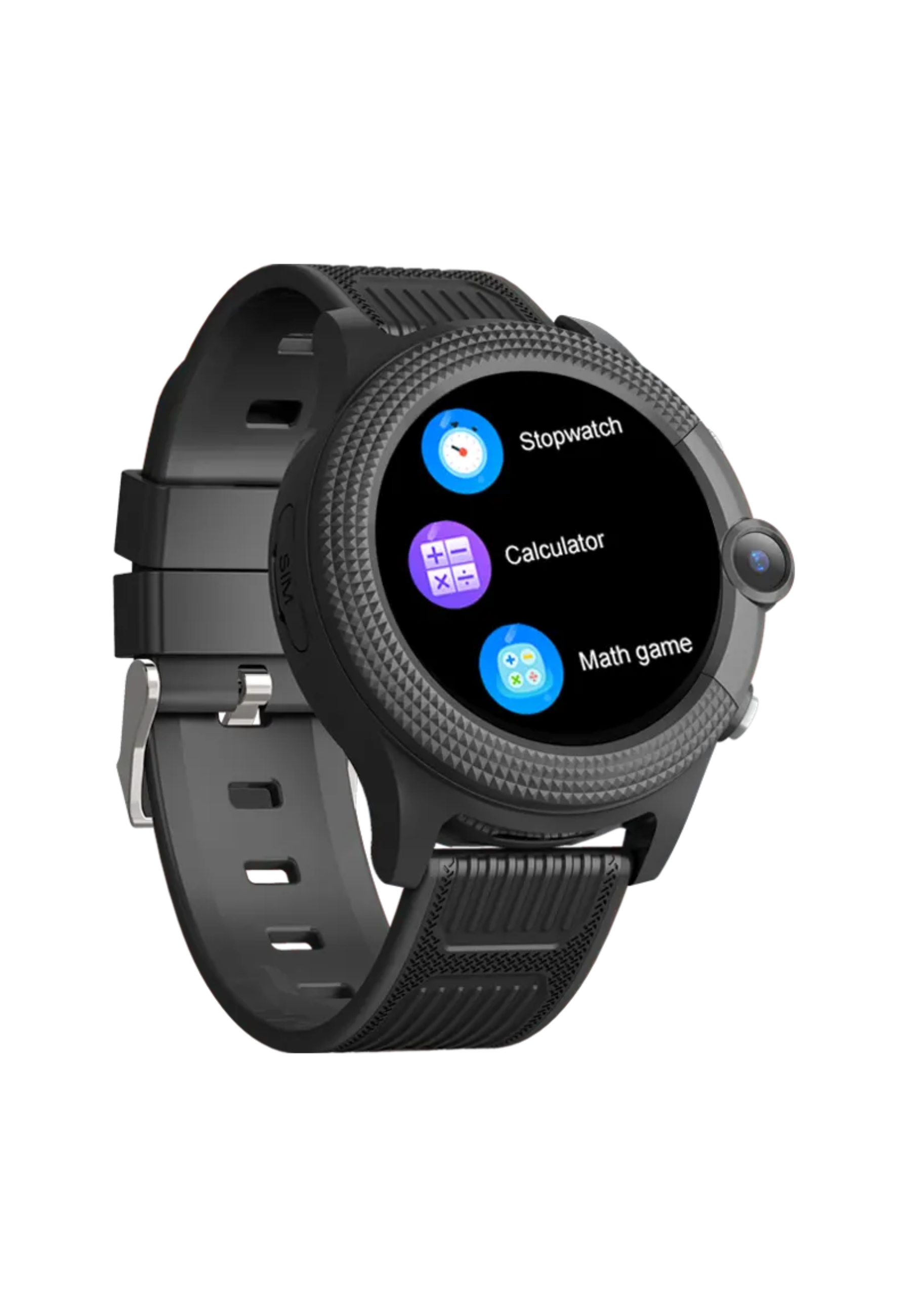 Eine schwarze Smartwatch mit rundem Bildschirm, der Stoppuhr, Rechner und Spielsymbole anzeigt, auf schwarzem Hintergrund.