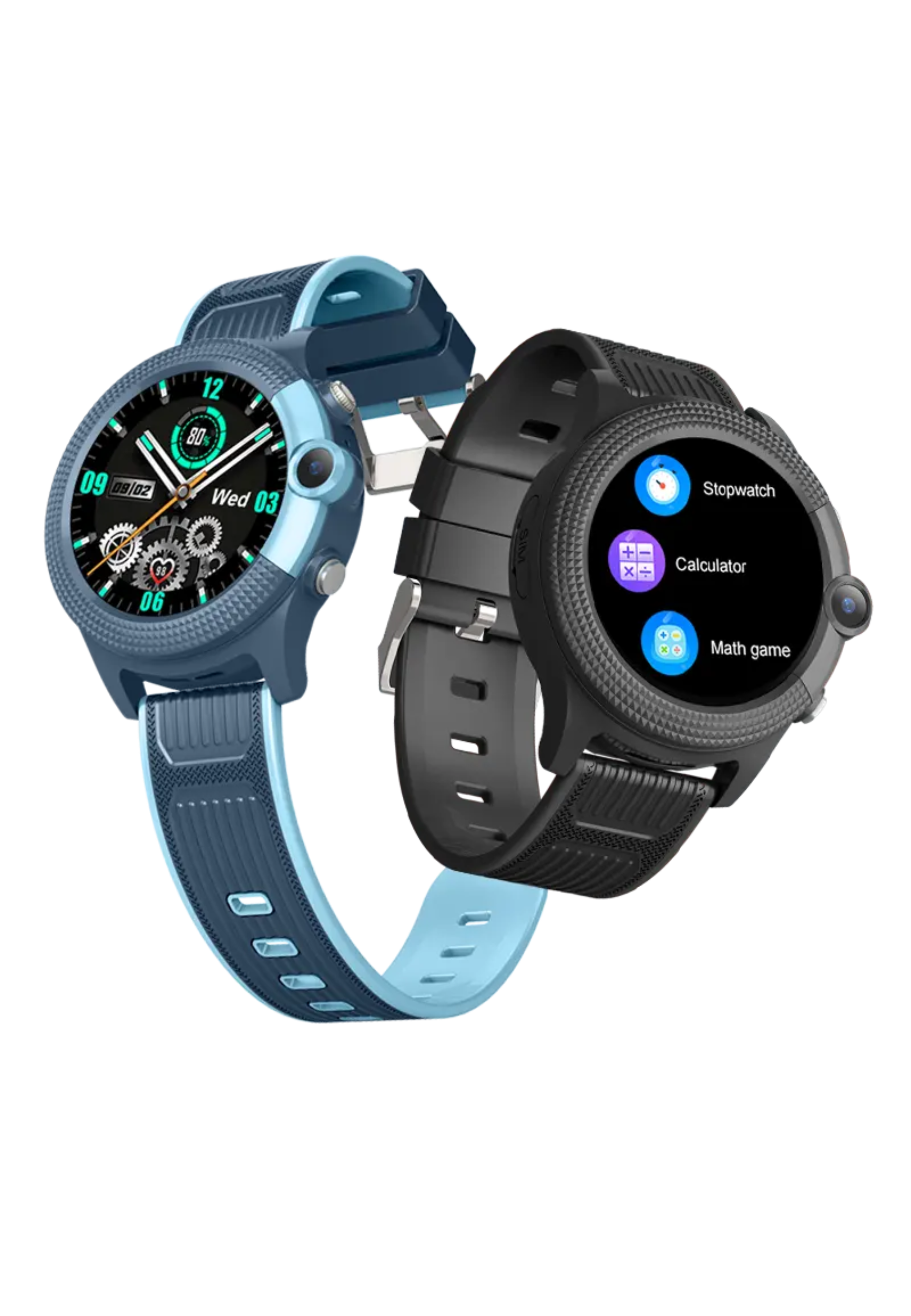 Zwei Smartwatches, eine blaue und eine schwarze, zeigen unterschiedliche Anzeigen. Schwarzer Hintergrund.