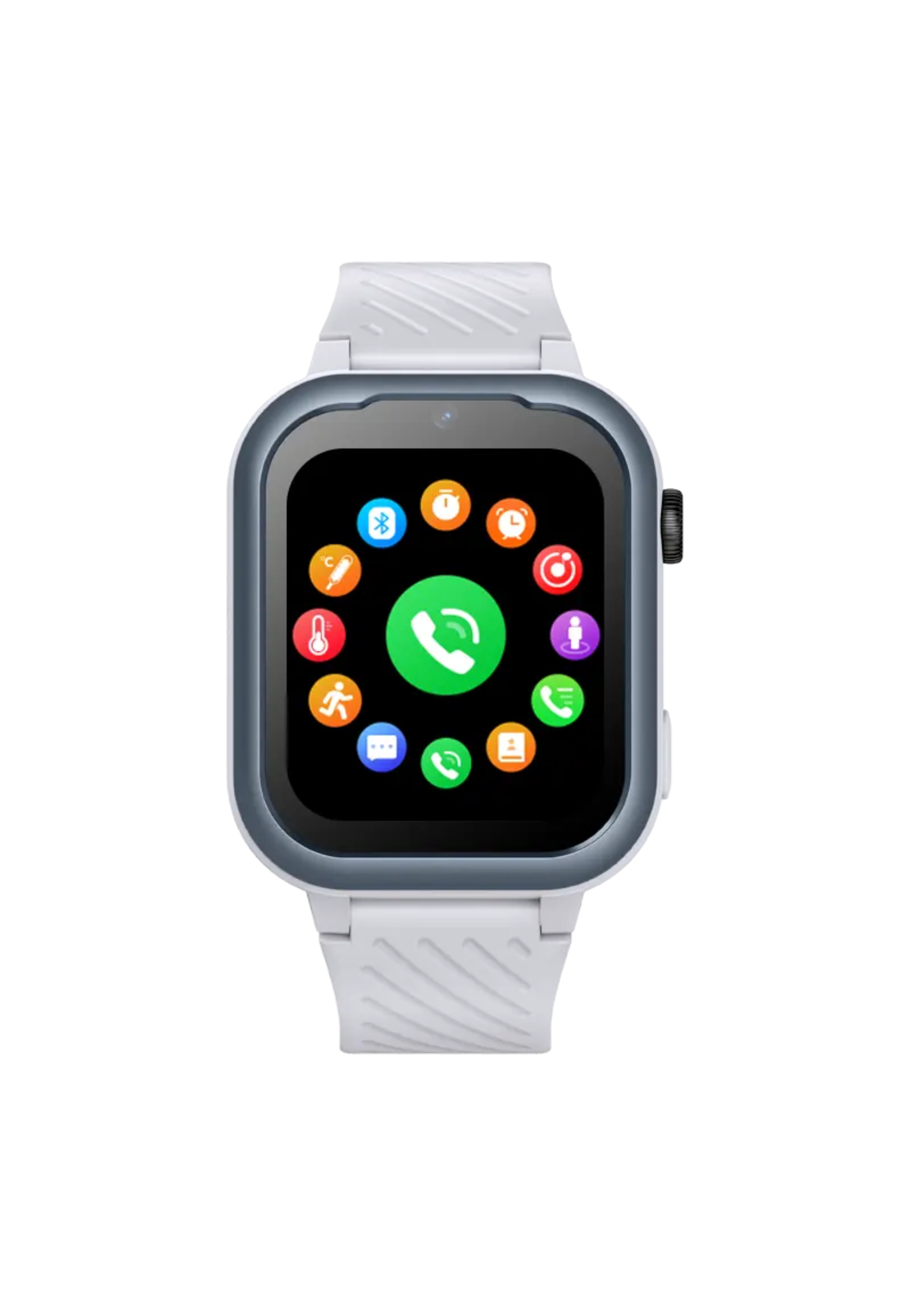 Smartwatch mit weißem Armband und einem Bildschirm mit Symbolen. Schwarzer Hintergrund.
