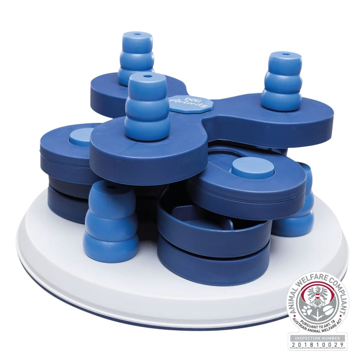 Un gioco di attività per cani in blu e bianco, con una base circolare e diversi elementi interattivi.
