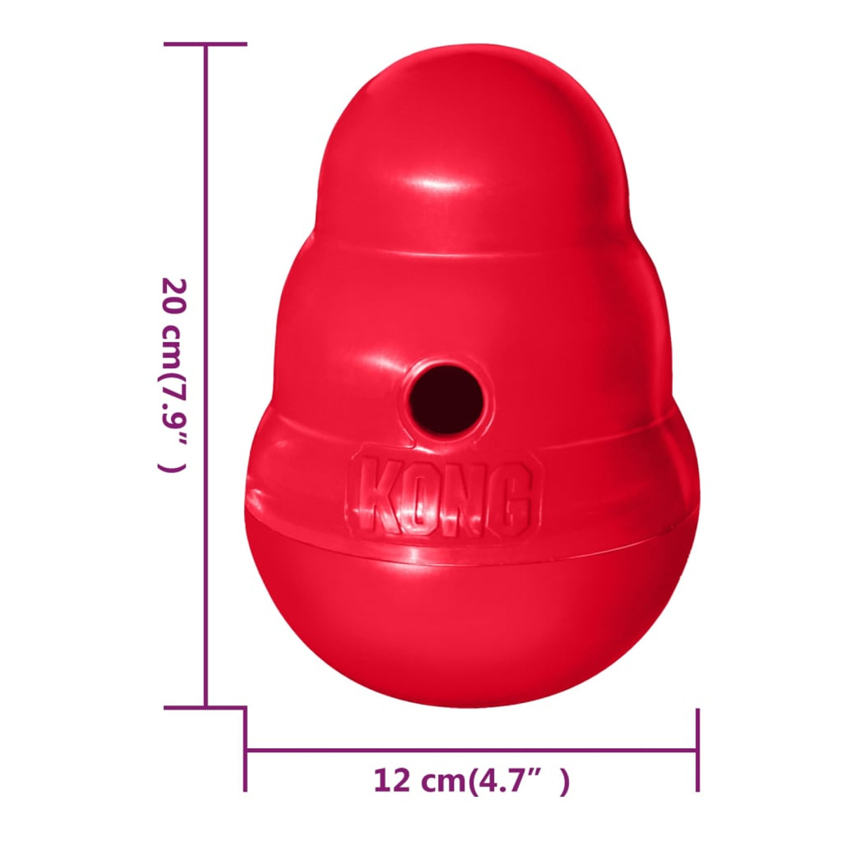 Czerwona zabawka dla psa Kong. Zabawka ma kształt stożka o wymiarach: 20 cm wysokości, 12 cm szerokości.