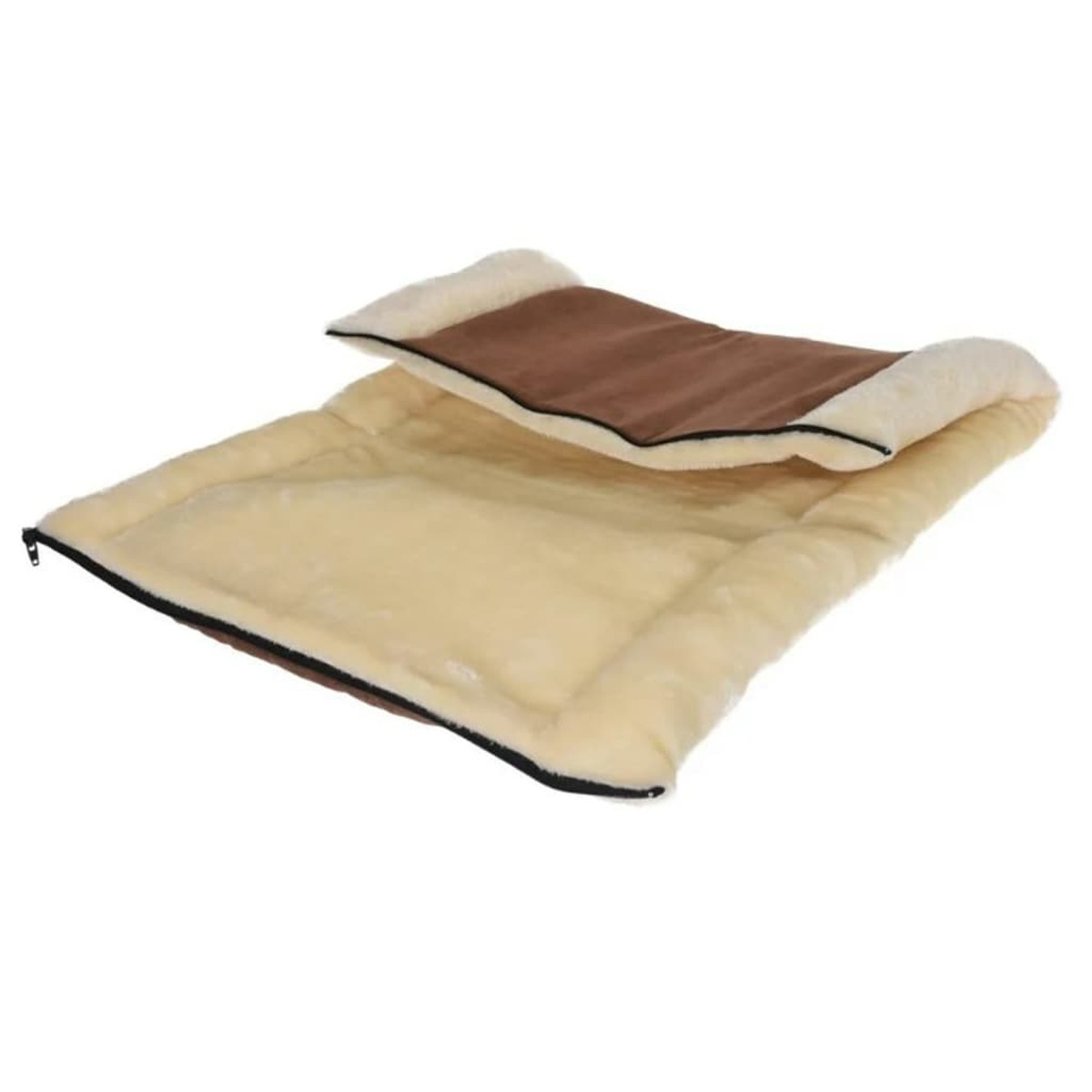 Un letto rettangolare per animali domestici con la parte superiore marrone e la parte inferiore color crema. Il letto ha una zip.