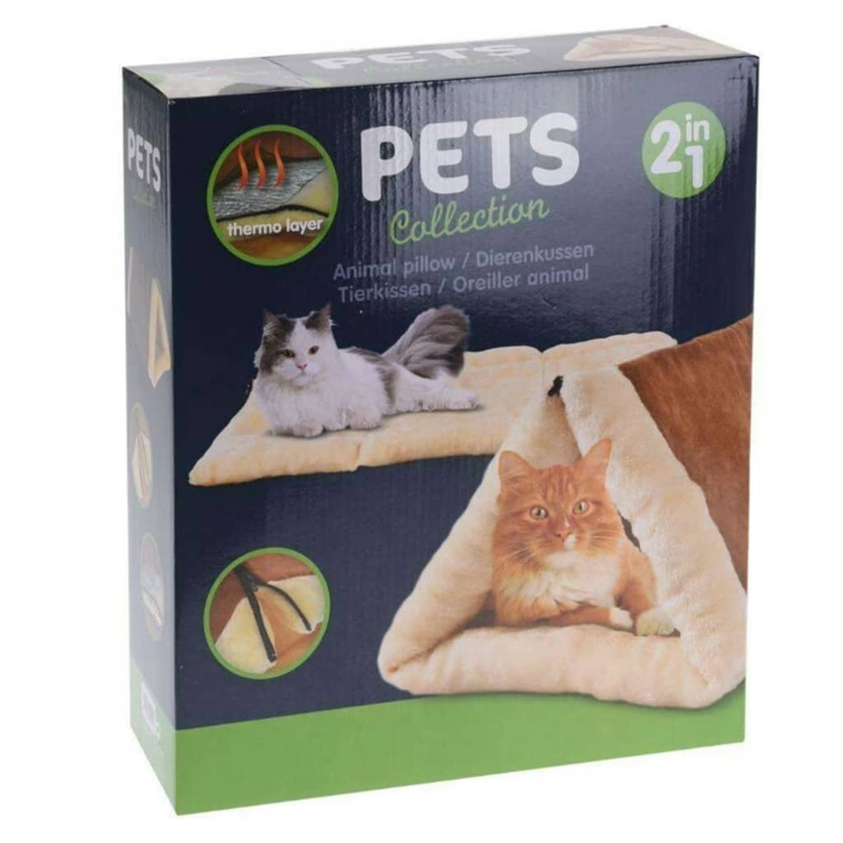 Scatola con una cuccia per gatti. Ci sono due gatti raffigurati sulla confezione.