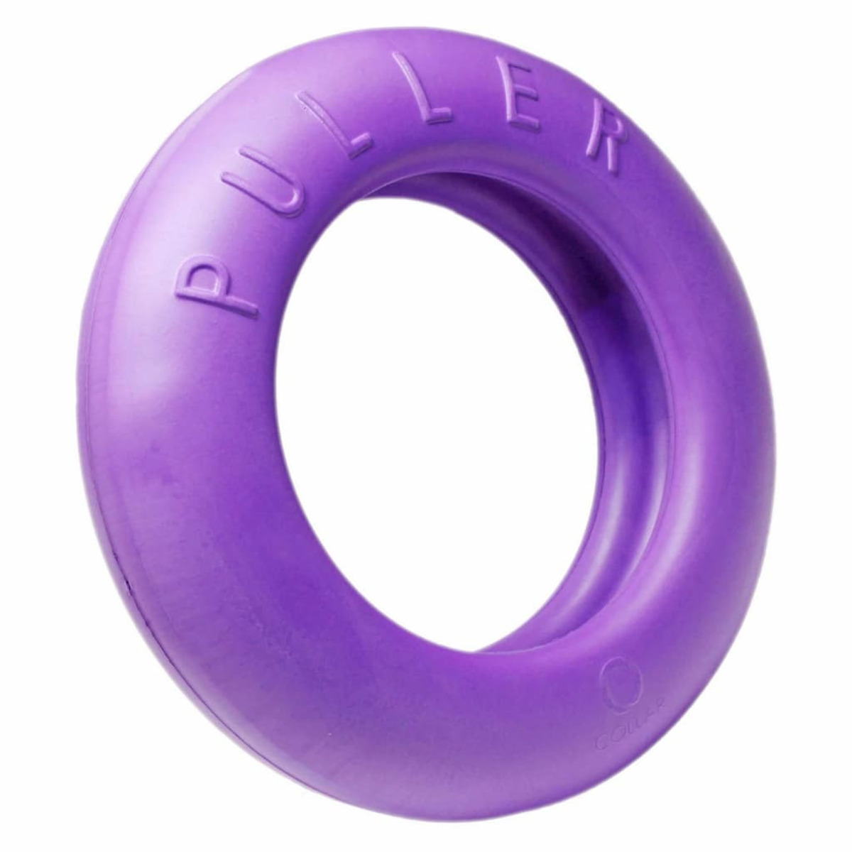 Lila Hundespielzeug in Ringform, mit dem Wort „PULLER“ darauf.