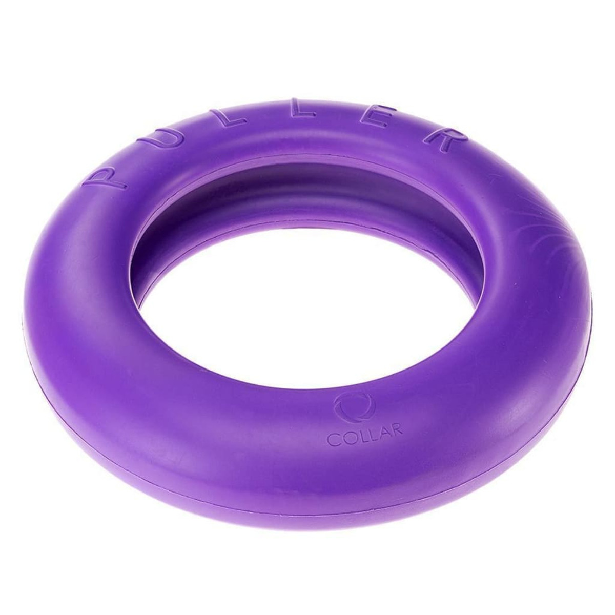 Ein lila Hundespielzeugring mit dem Wort 'PULLER' darauf. Auch der Markenname 'COLLAR'.