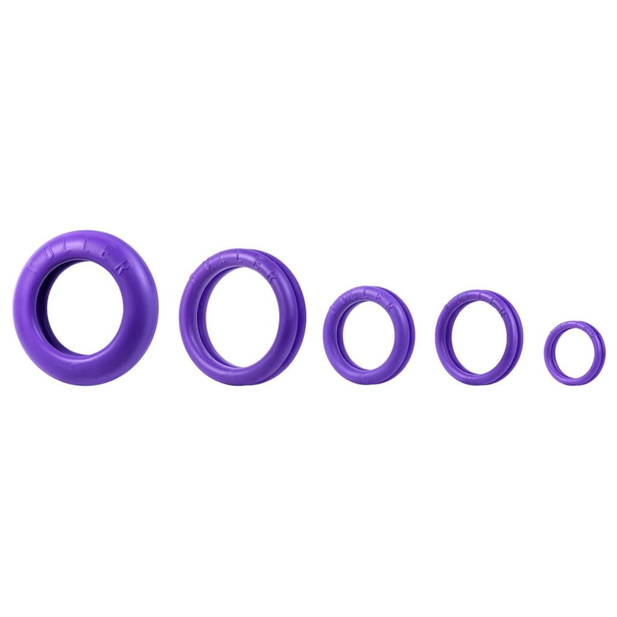 Fünf violette Ringe unterschiedlicher Größe in einer Reihe. Die Ringe sind glatt und gleichmäßig verteilt, auf weißem Hintergrund.