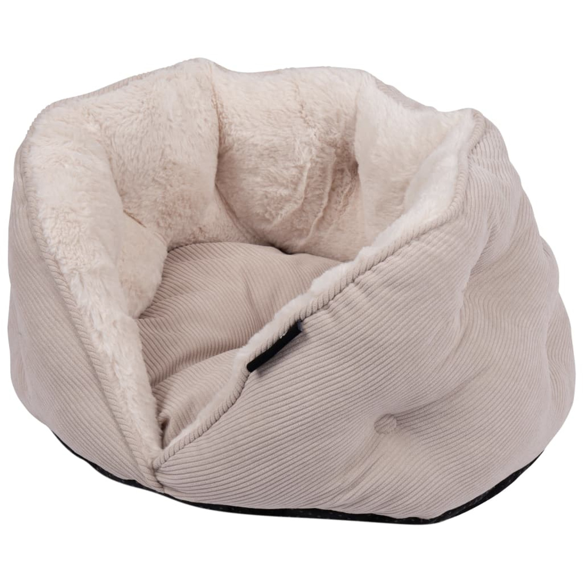 Un letto per animali domestici, beige e soffice, con una trama a coste e un fondo nero, isolato su bianco.