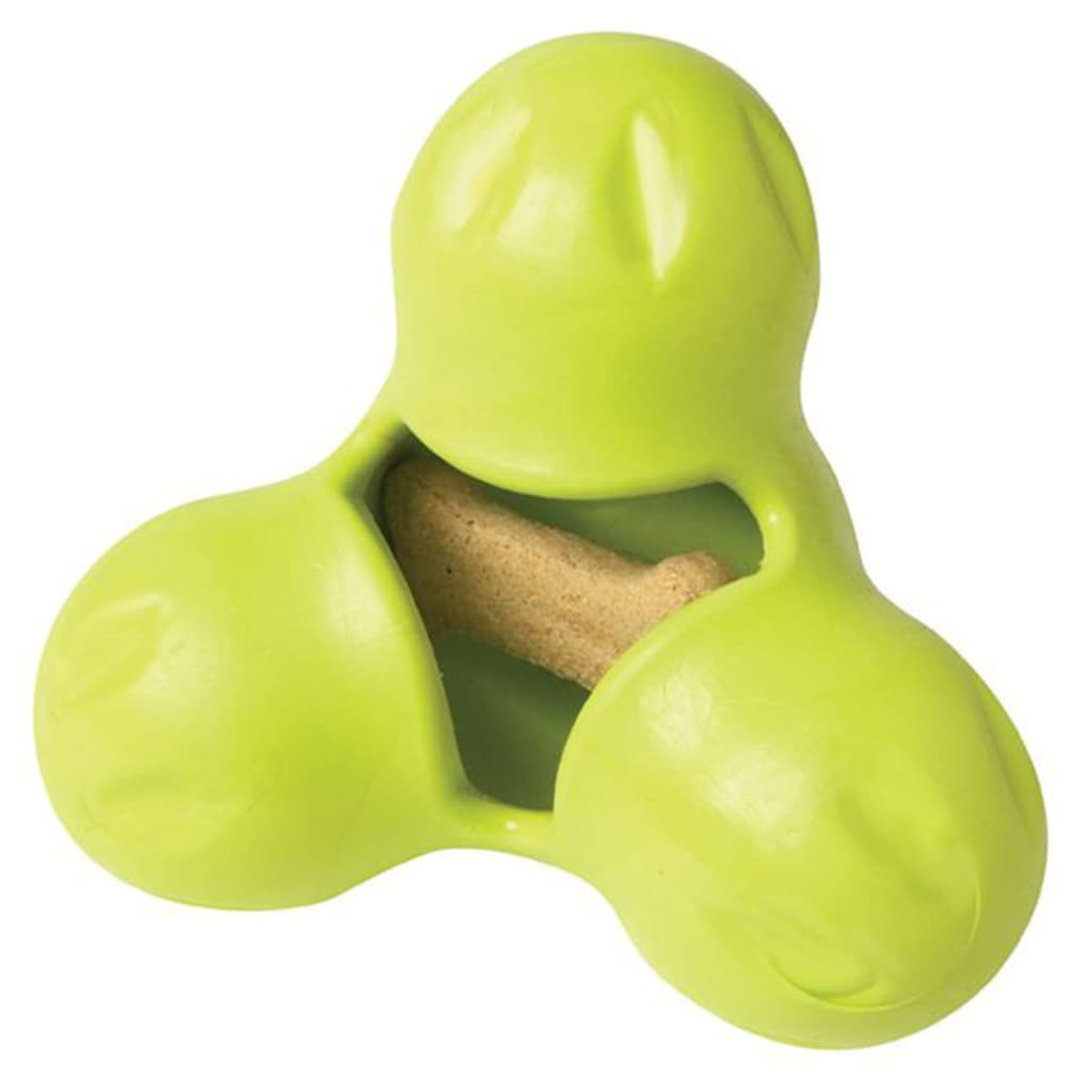 Un giocattolo verde per cani con tre lobi e un dolcetto visibile al centro.