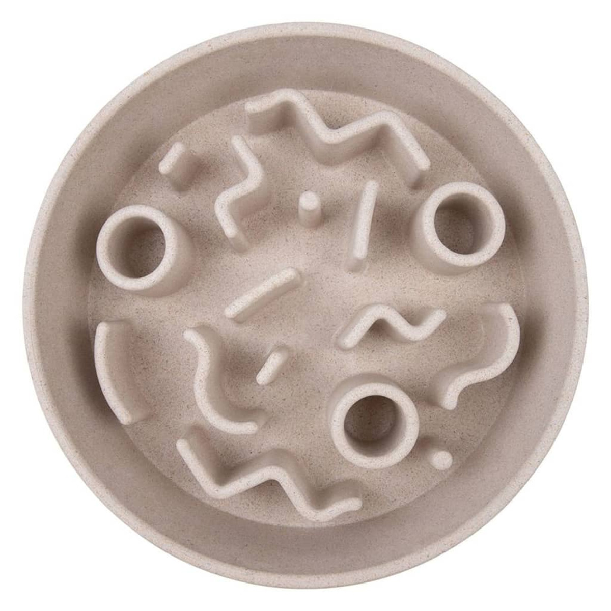 Ein Hundenapf mit Labyrinth-Design. Die Schüssel ist beige und leer.