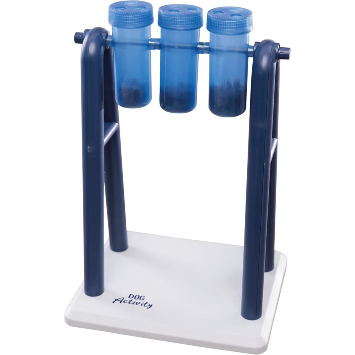 Zabawka aktywnościowa dla psa: stojak z trzema niebieskimi tubami, zawierającymi smakołyki.