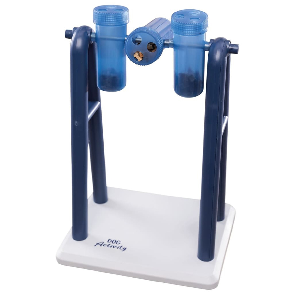 Zabawka dla psa z dwoma niebieskimi pojemnikami, obracającym się cylindrem i białą podstawą.