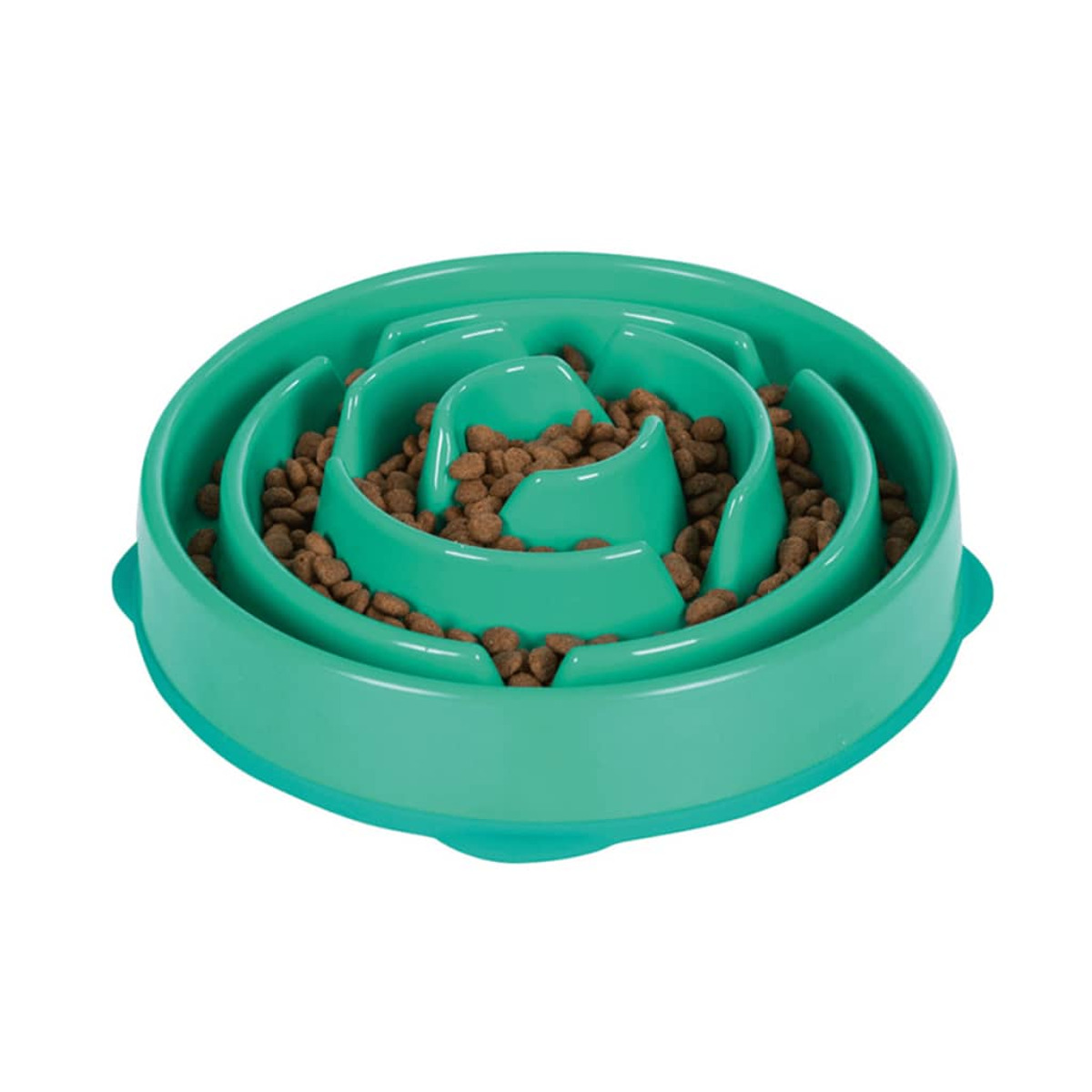 Una ciotola per cani color verde acqua con un design a labirinto è piena di crocchette marroni.
