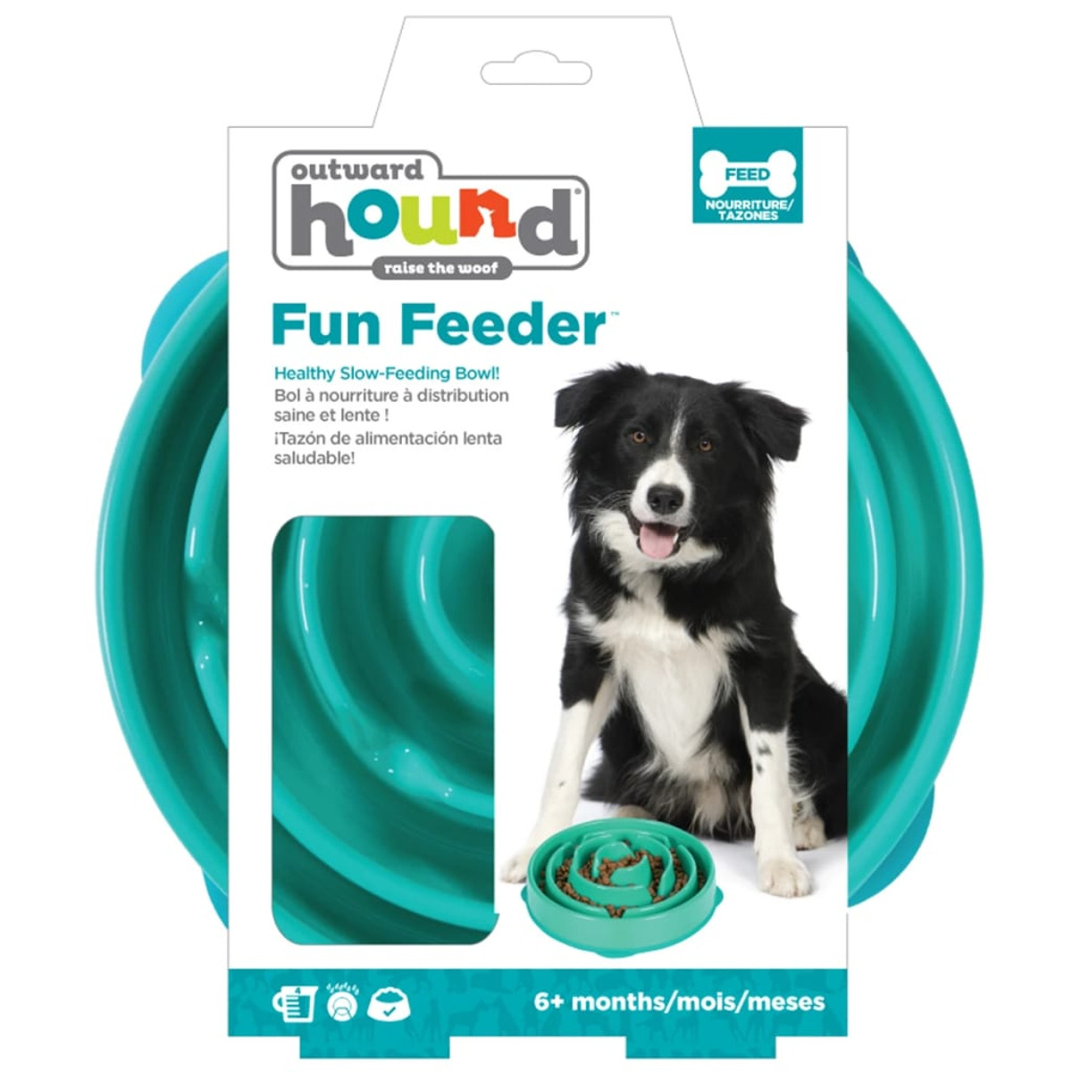 Ciotola per cibo per cani con un design a labirinto. Un cane guarda la ciotola. Testo: 'Fun Feeder'.