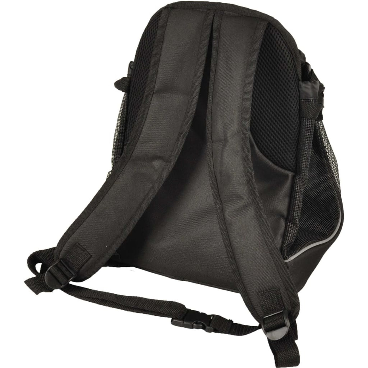 Schwarzer Rucksack mit Mesh und verstellbaren Trägern, von hinten gesehen, auf weißem Grund.