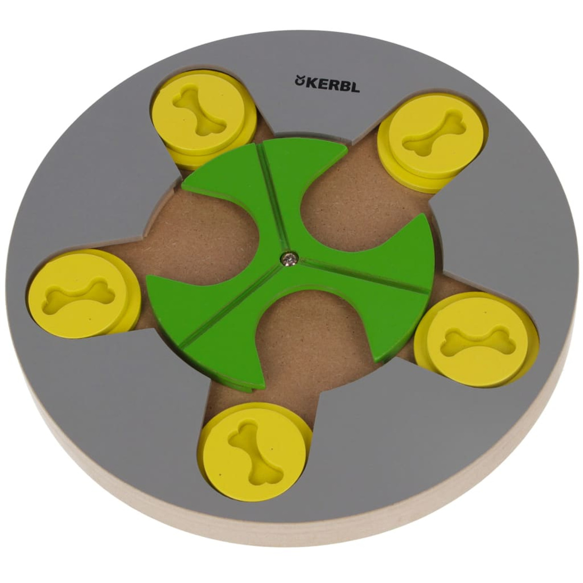 Giocattolo puzzle per cani, grigio e verde, con ossa gialle.