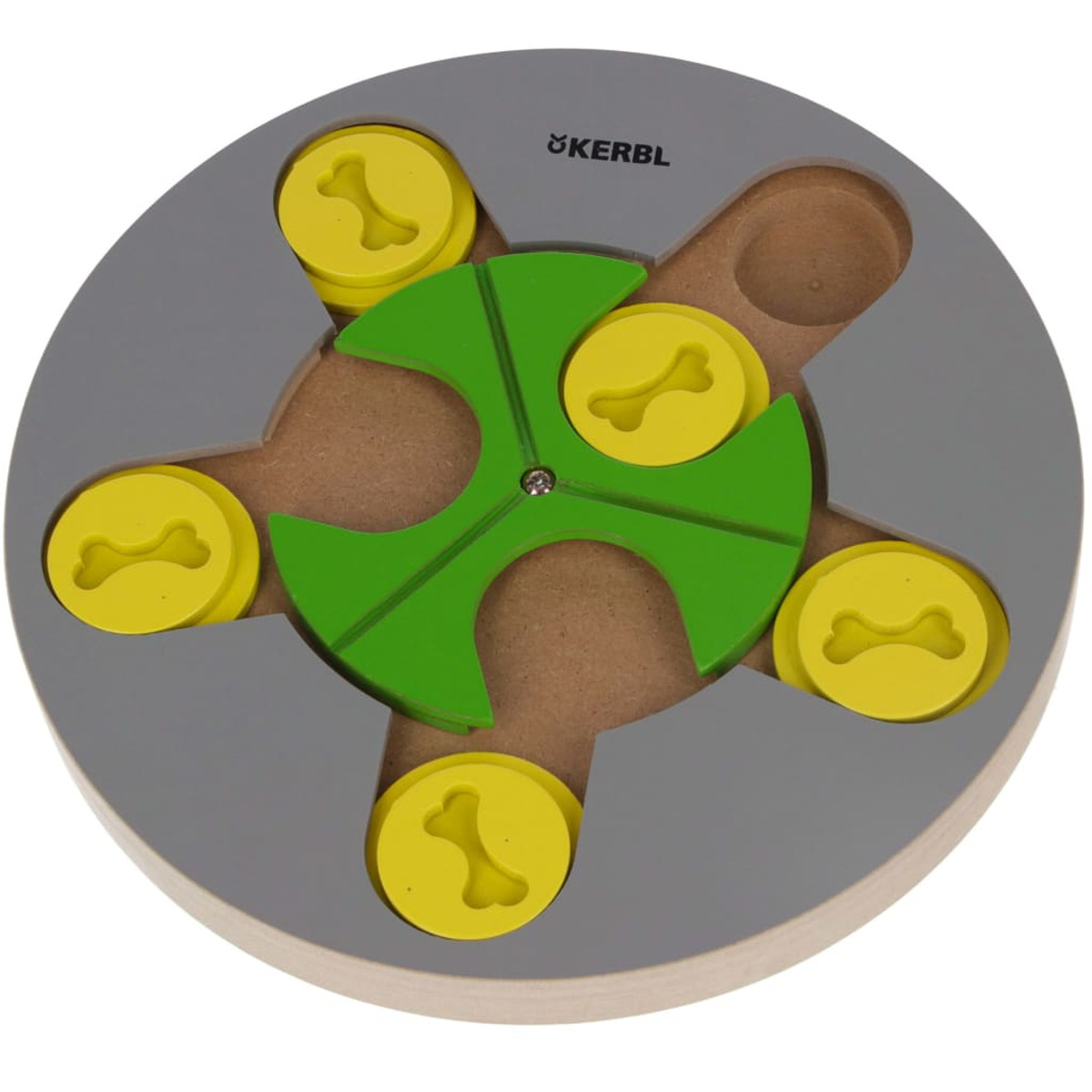Un puzzle per giocattoli per cani con ossa gialle e un centro rotante verde su base grigia.