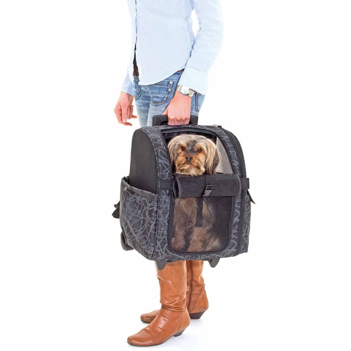 Eine Frau trägt einen Rucksack für Haustiere mit einem Hund. Weißer Hintergrund.