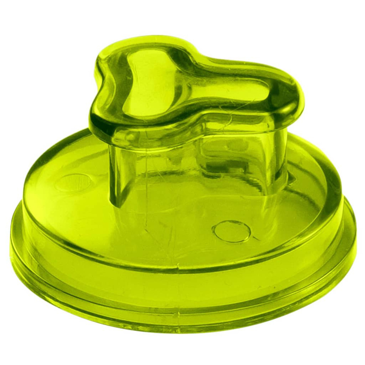Un objeto translúcido de plástico verde lima en forma de botón, con una base redondeada y una parte superior.