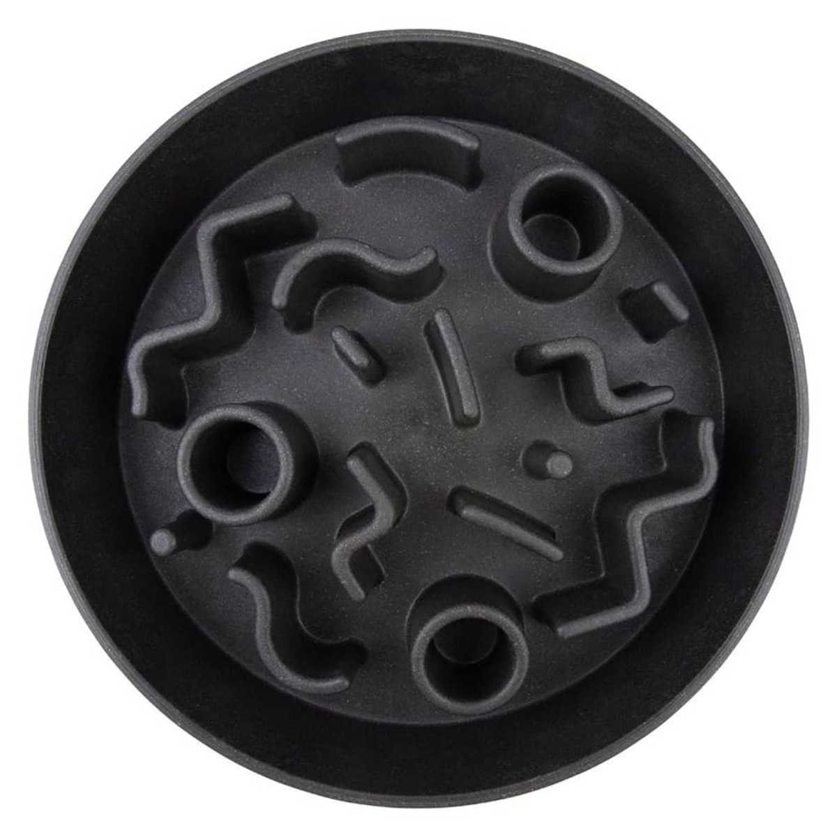 Eine schwarze Hundenapf mit einem Labyrinthmuster im Inneren.