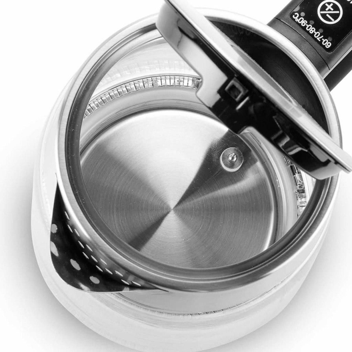 Ein Glaskessel mit offenem Deckel, der das Innere zeigt, weißer Hintergrund.