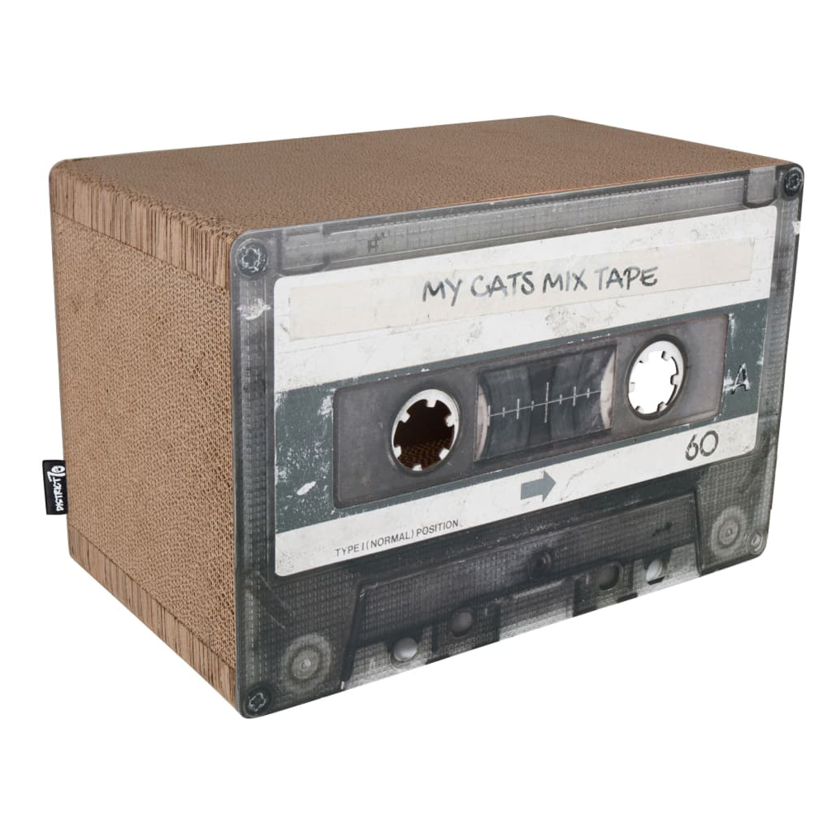 Eine Kassettenschachtel mit brauner, strukturierter Seite und einem Kassettenetikett mit 'My Cats Mix Tape'.