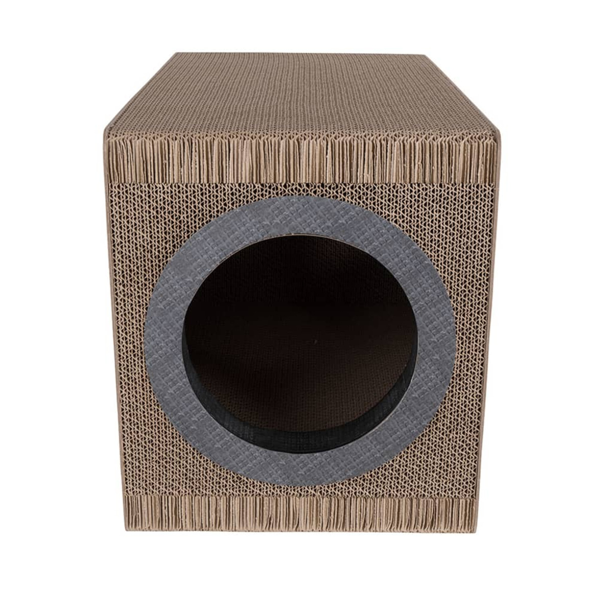 Katzenhaus aus Pappe mit rundem Eingang. Braune Wellpappe außen, dunkles Innere. Einfaches Design.