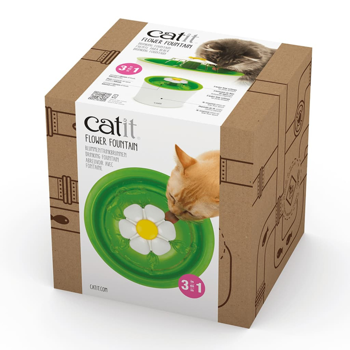 Eine Katze trinkt Wasser aus einem grünen blütenförmigen Brunnen, eine katzenförmige Box wird gezeigt.