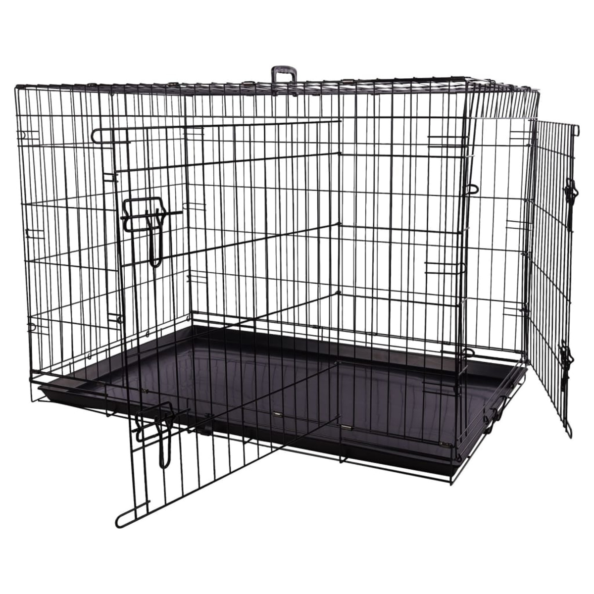 Schwarze Hundebox aus Metall. Die Tür ist offen. Unten in der Kiste befindet sich eine schwarze Ablage.