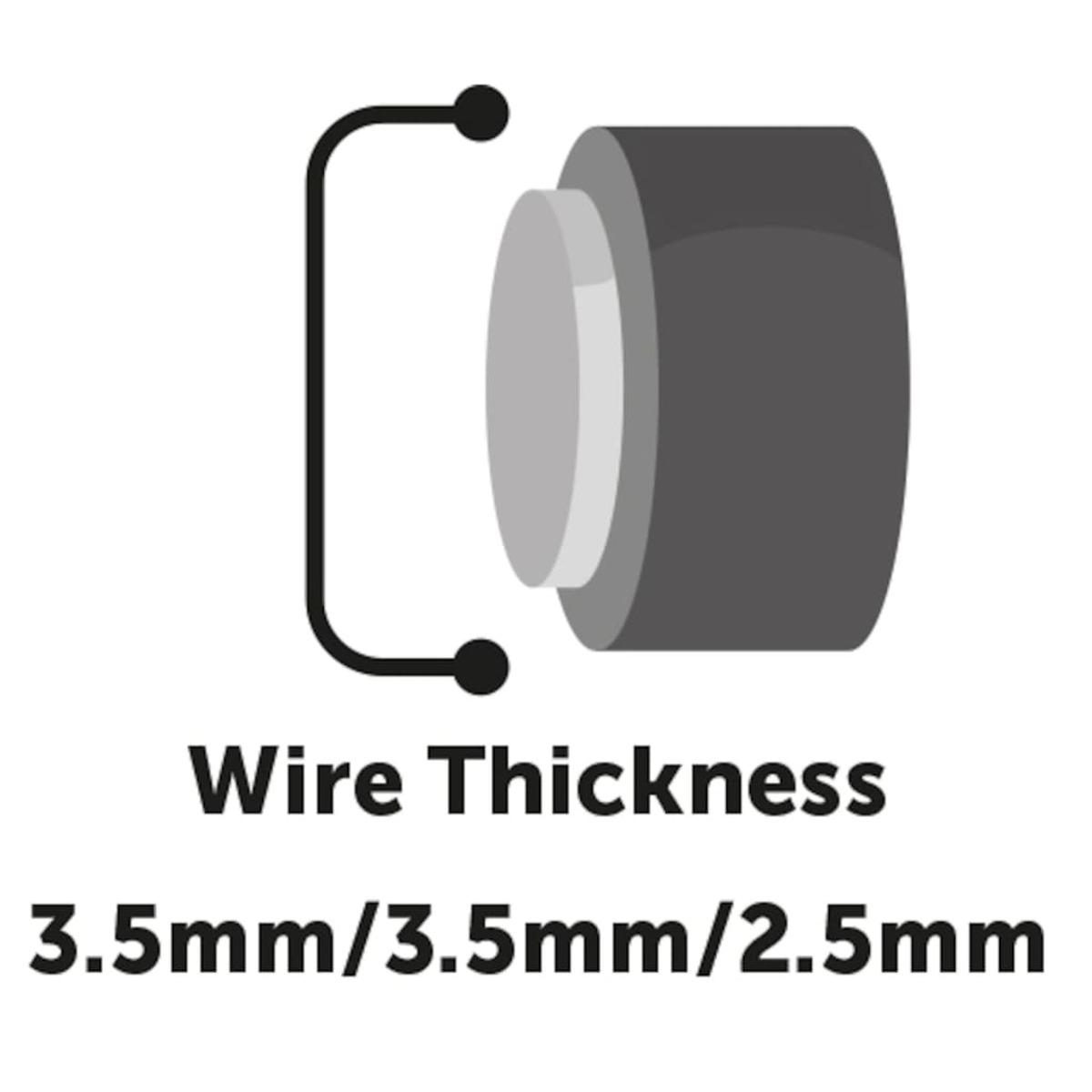 Diagramm, das die Drahtstärke zeigt. Ein Draht wird mit den Abmessungen 3,5 mm, 3,5 mm, 2,5 mm gezeigt.