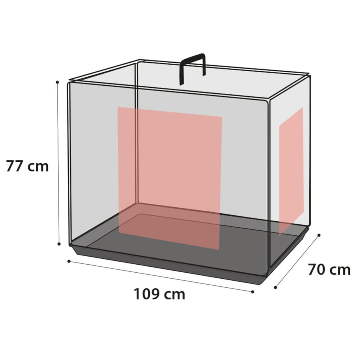 Rechteckige, transparente Plastikbox mit schwarzem Boden, Maße beschriftet und Griff. Innen rosa Tafeln.