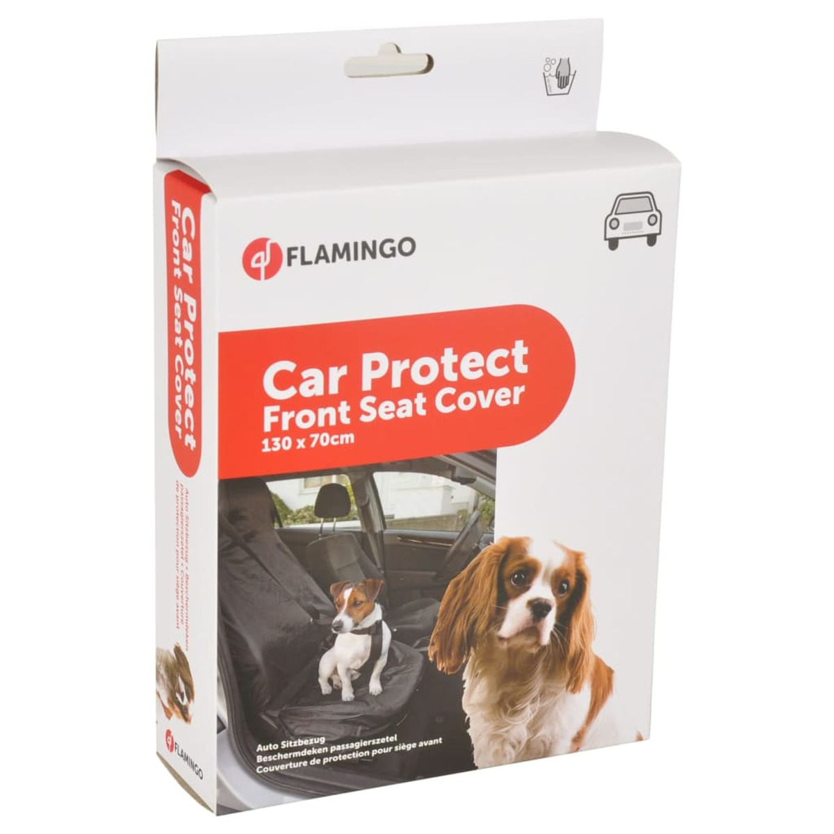Box mit Bild eines Hundeautositzbezugs. Hunde sind im Autositz.