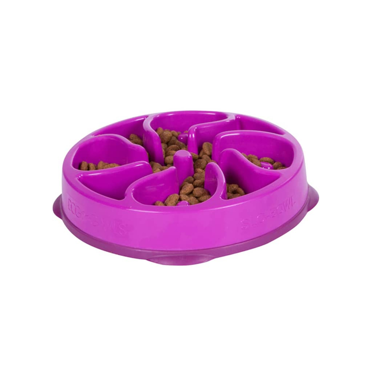 Lila Slow-Feeder-Hundenapf gefüllt mit braunem Trockenfutter. Er hat ein Blumendesign im Inneren.