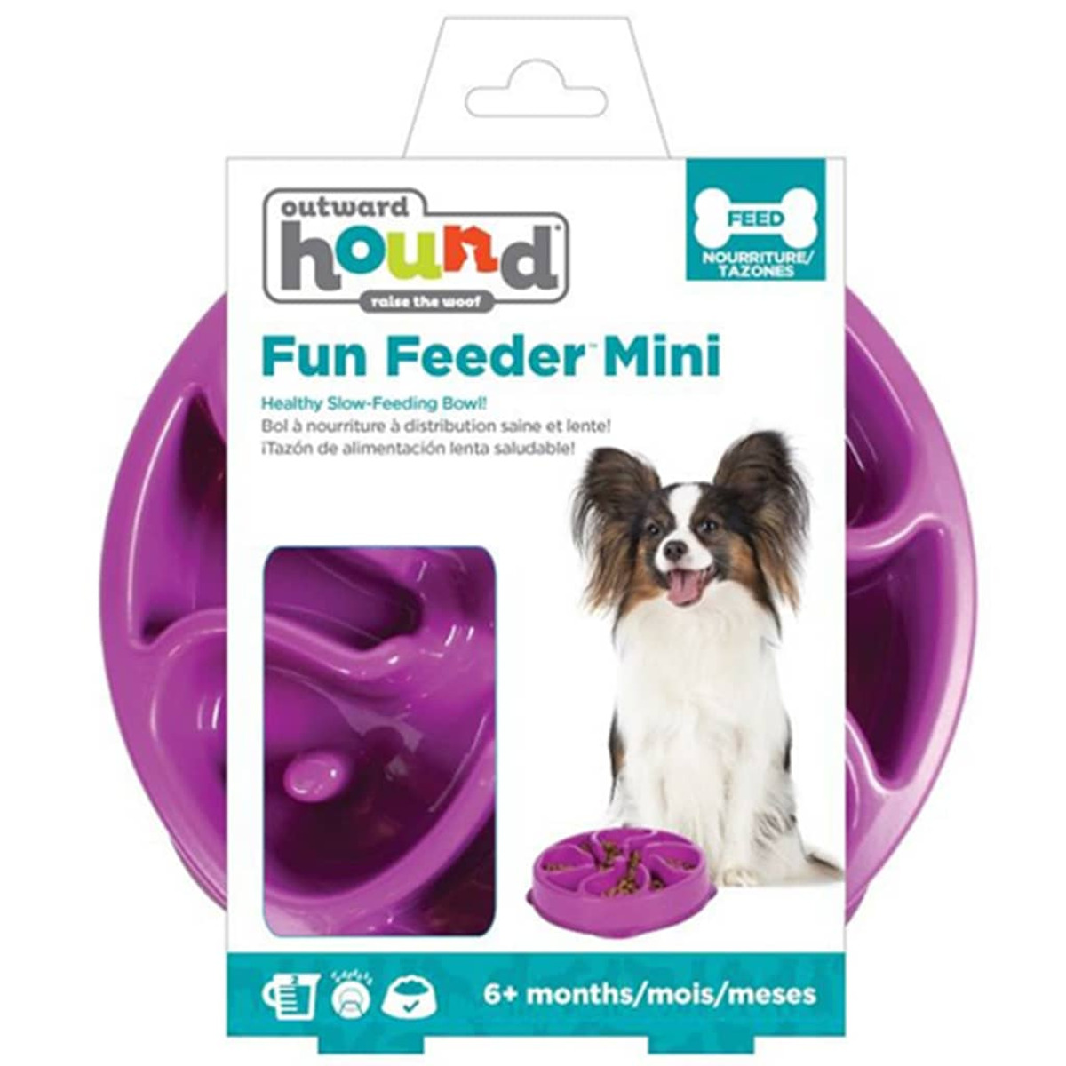 Lila langsames Futter für Hunde mit einer weißen und lila Verpackung. Ein Hund ist rechts.