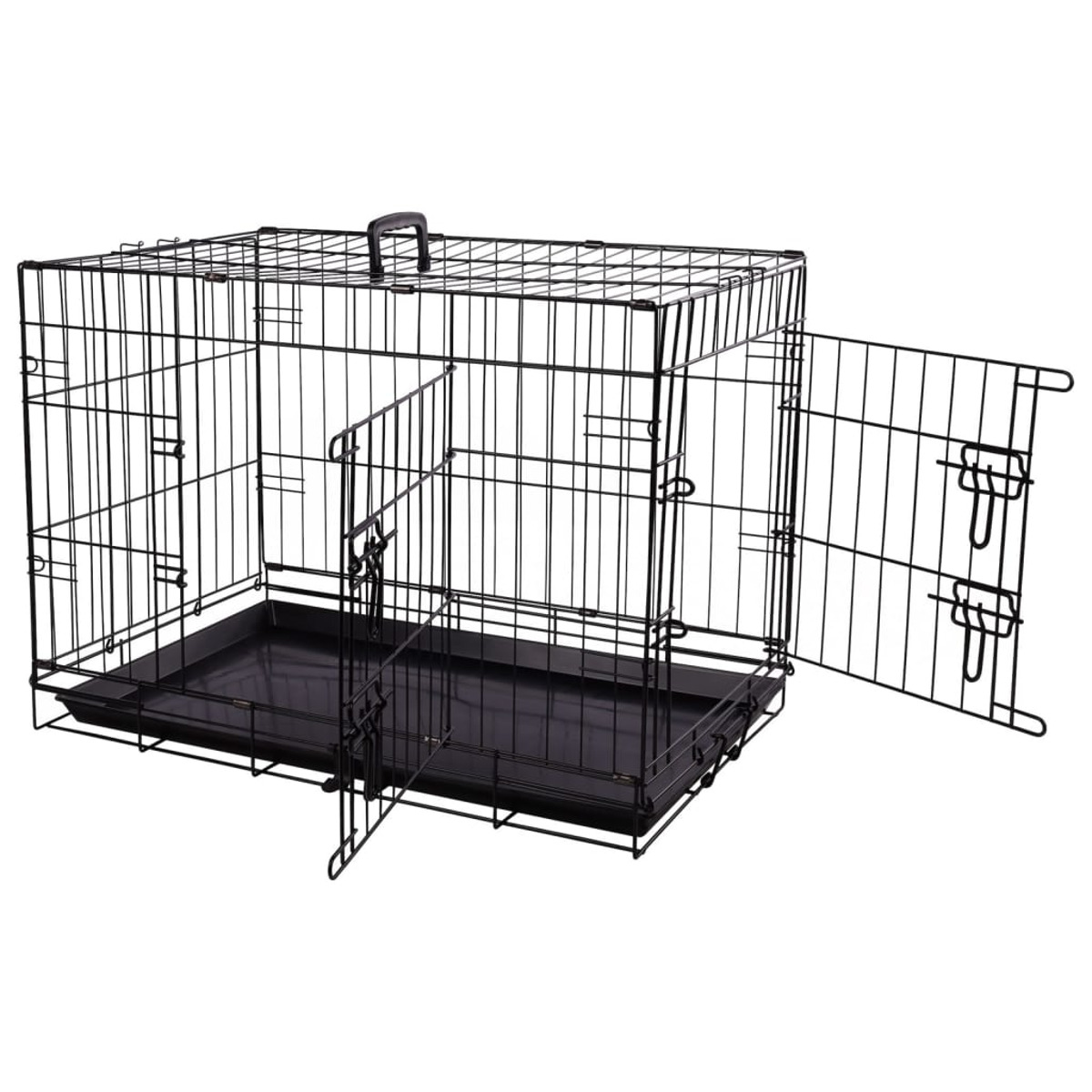 Eine schwarze Hundebox aus Metall mit zwei geöffneten Türen und einer schwarzen Kunststoffschale im Inneren.