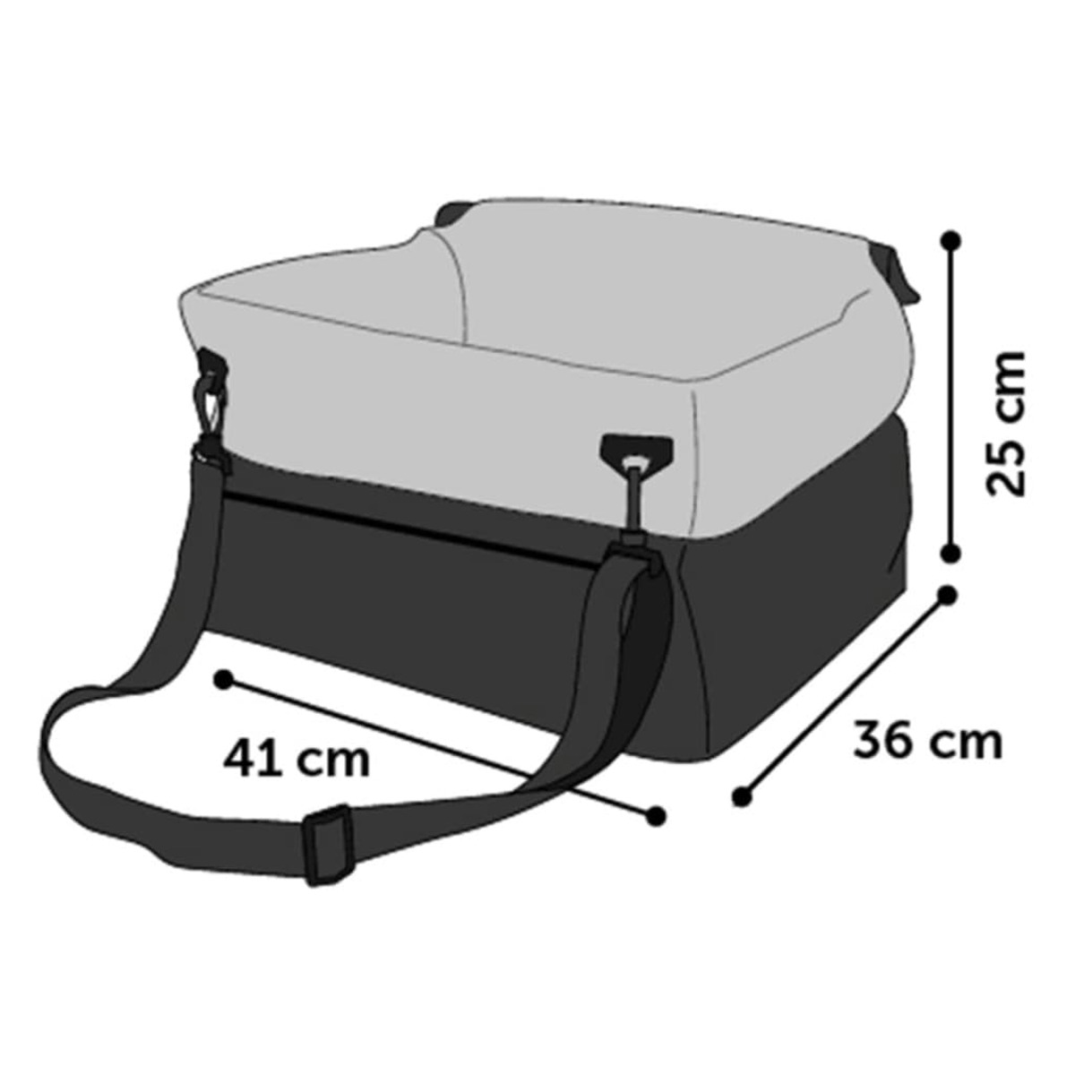 Eine schwarze und graue Haustiertragetasche mit den Maßen: 41 cm, 36 cm und 25 cm. Ein schwarzer Gurt ist sichtbar.