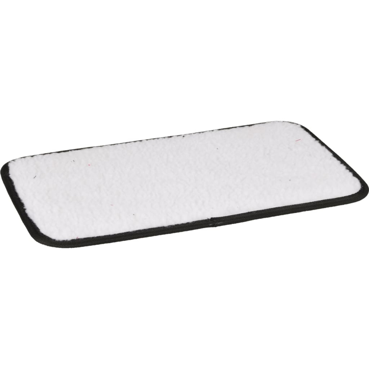 Weißes rechteckiges Wischmopp-Pad mit schwarzen Rändern, isoliert auf weißem Hintergrund.