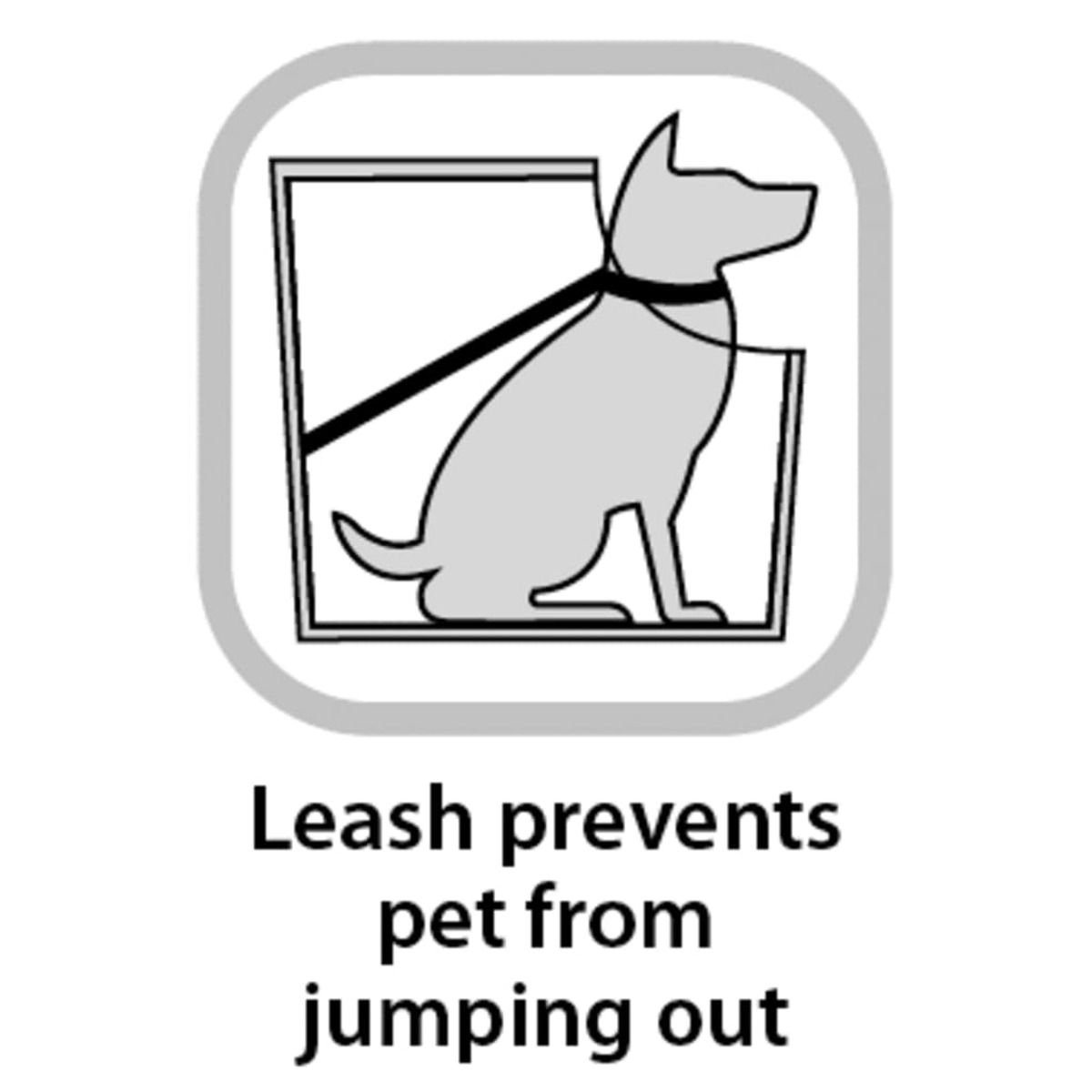Eine Hunde-Silhouette in einer Box, mit Leine. Text: Leine verhindert, dass das Haustier herausspringt.