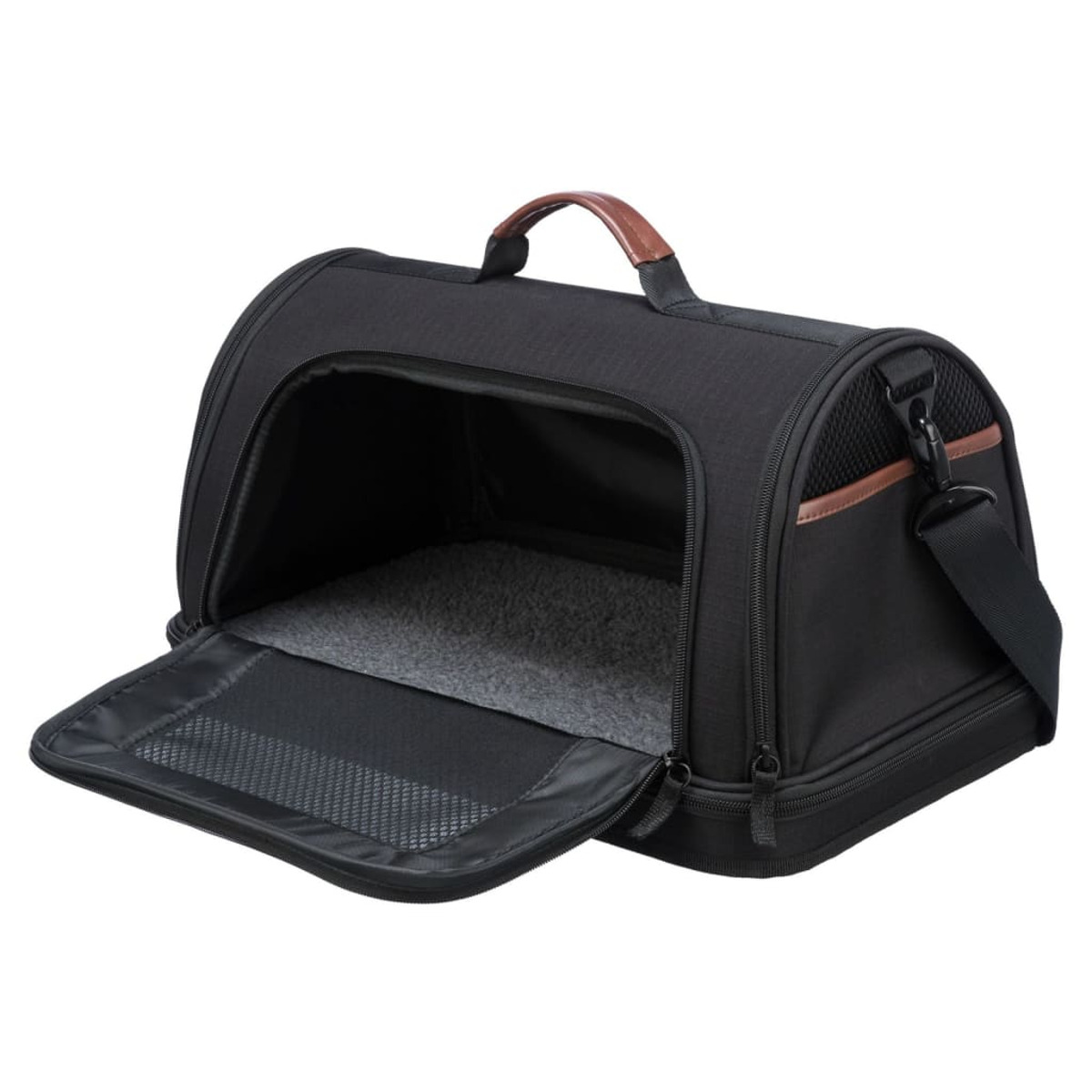 Eine schwarze Transporttasche für Haustiere. Die Tasche hat einen braunen Griff und ein Netzfenster, die Oberseite ist offen.